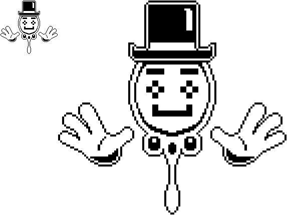A black-and-white pixelated sprite of the boss from Just One Boss in a style reminiscent of Undertale.