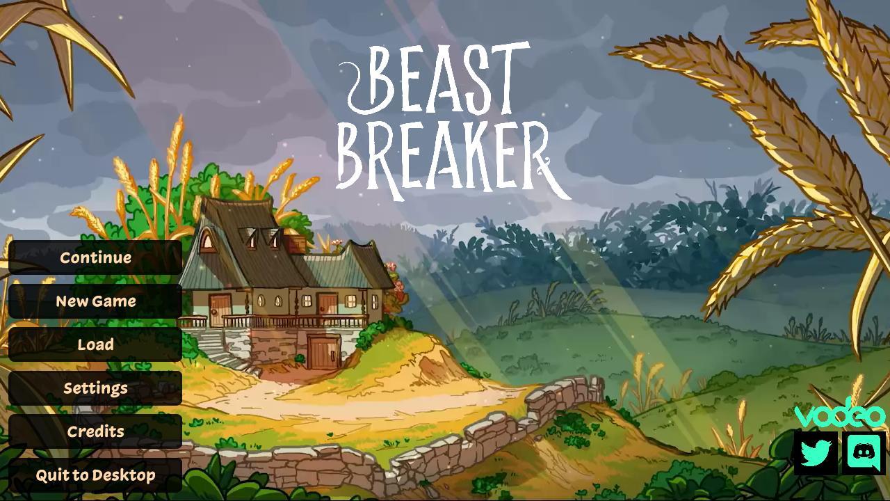 The title screen of Beast Breaker, with a standard menu with options like "New Game" and "Quit to Desktop" and a scene behind of a miniature house situated amid giant stalks of wheat.