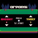 The title screen to the game "arpongi", each side of the screen showing a player selection for "Knight", "Thief", or "Witch".
