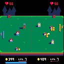 A blue figure and a yellow figure knock a pong ball across a tiny landscape dotted with buildings.
