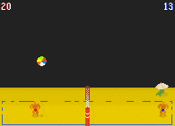 A pixelated volleyball player bumps a ball and then spikes it into the sand.