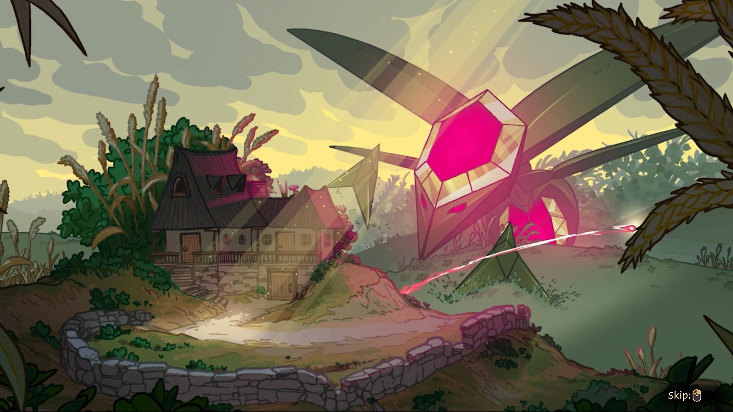 A crystal bug looms over a house on a hilltop.