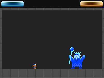 A king-like boss summons ice cubes and smashes them while a small character throws projectiles at them.