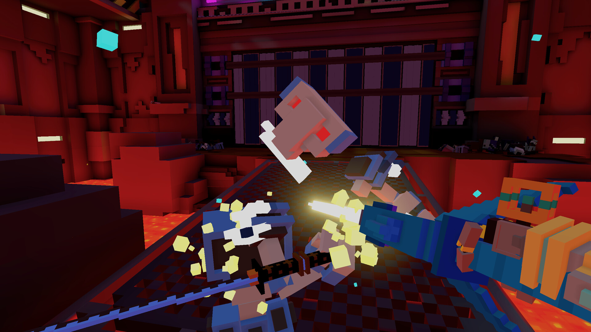 A robot's head is sliced off its body with a laser sword.