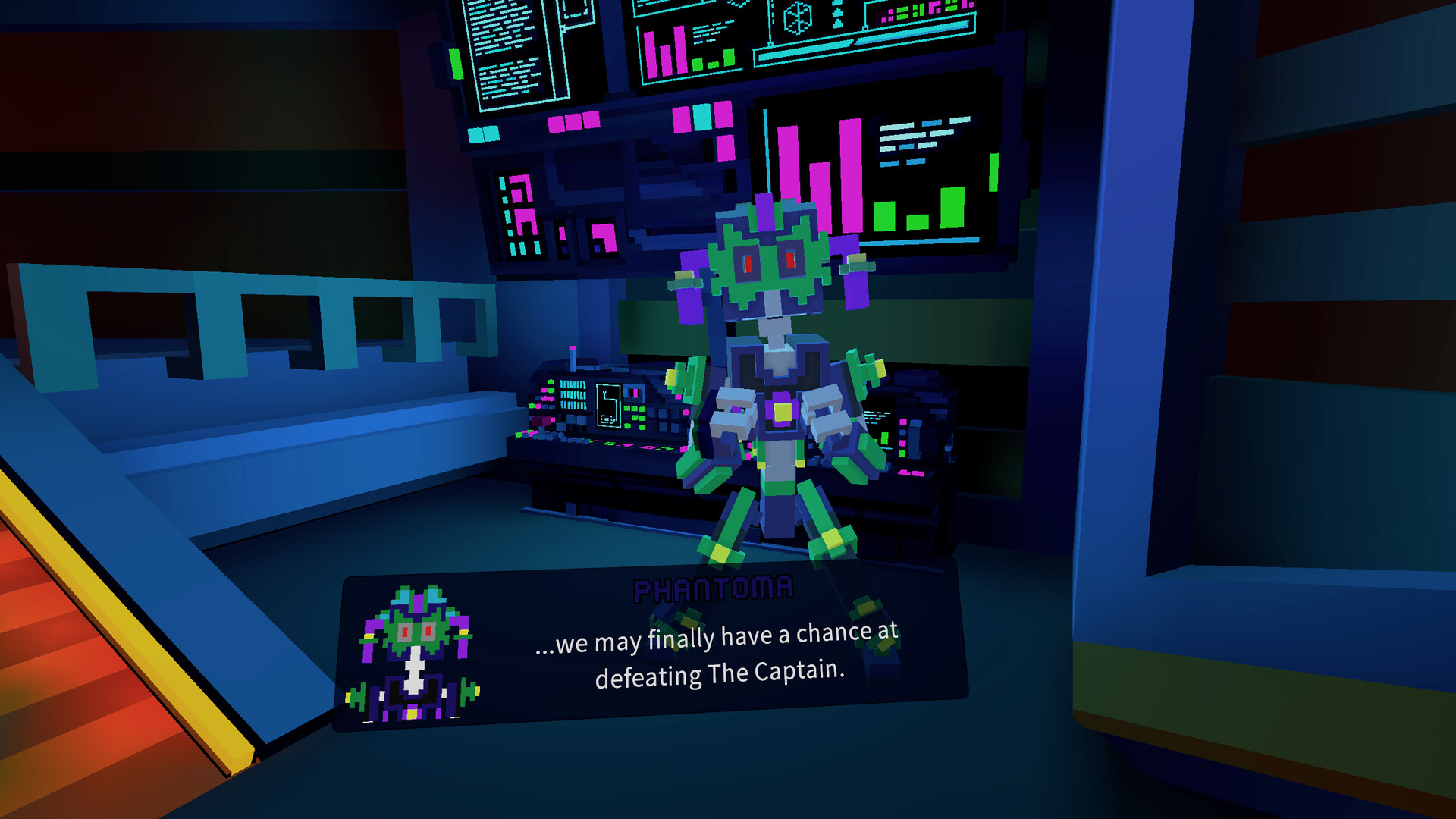 A robot named Phantoma says, "...we may finally have a chance at defeating The Captain.".