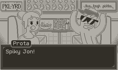 A character named "Prota" shares a conversation with a sunglass-wearing cactus named "Spiky Jon".