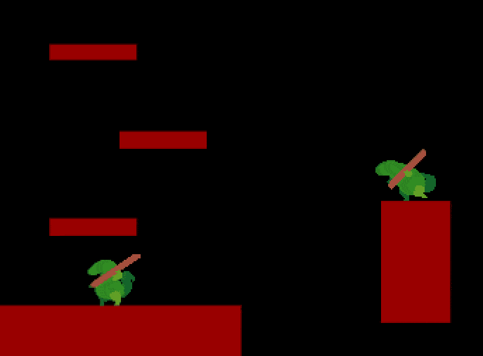 An alligator-like character dashes through the air before biting another character.
