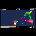 A pixelated red train collects coins and dodges spears on cloudy hilltops.