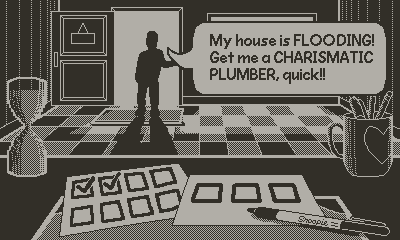A silhouetted figure in a doorway requests, "My house is FLOODING! Get me a CHARISMATIC PLUMBER, quick!!"