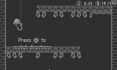 A small character suspended on a fishing hook navigates some platforms.