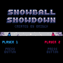 Title screen for "Snowball Showdown" with player one and player two.