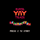 The text "Super Yay Train" hovers over a bouncing train of animals.