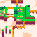 A pixelated red train collects coins and dodges spears on cloudy hilltops.